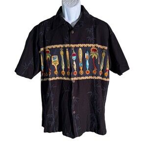Koko Island Men's Short Sleeve Button Up Black Beer Bottles Cotton Shirt Large